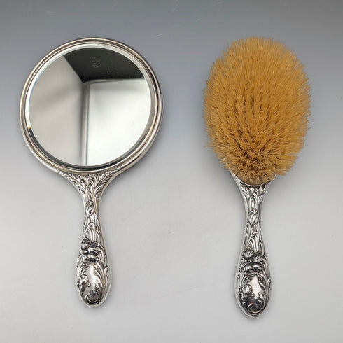 1900年頃 米国アンティーク 純銀アール・ヌーヴォー装飾 ヘアブラシ&ハンドミラー Foster&Bailey